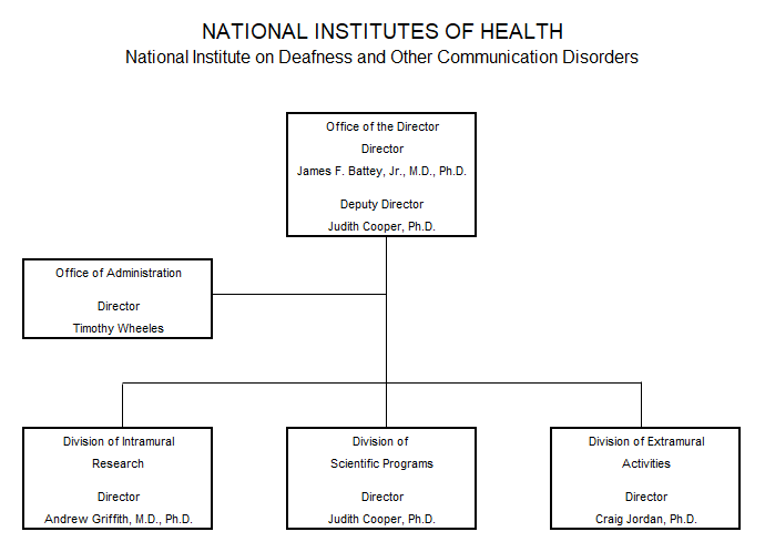Organization chart depicting the management structure of the National Institute on Deafness and Other Communication Disorders.